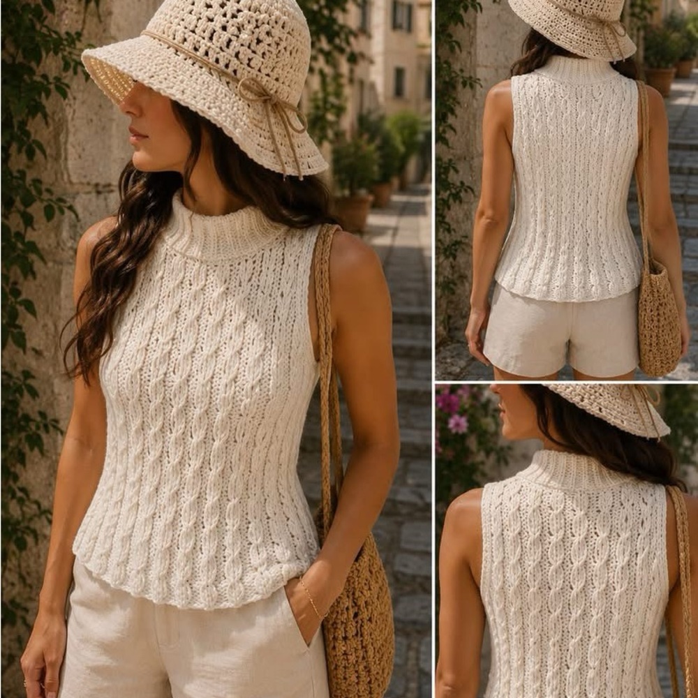 Sleeveless Cable Knit Mock Neck Tank - Cream